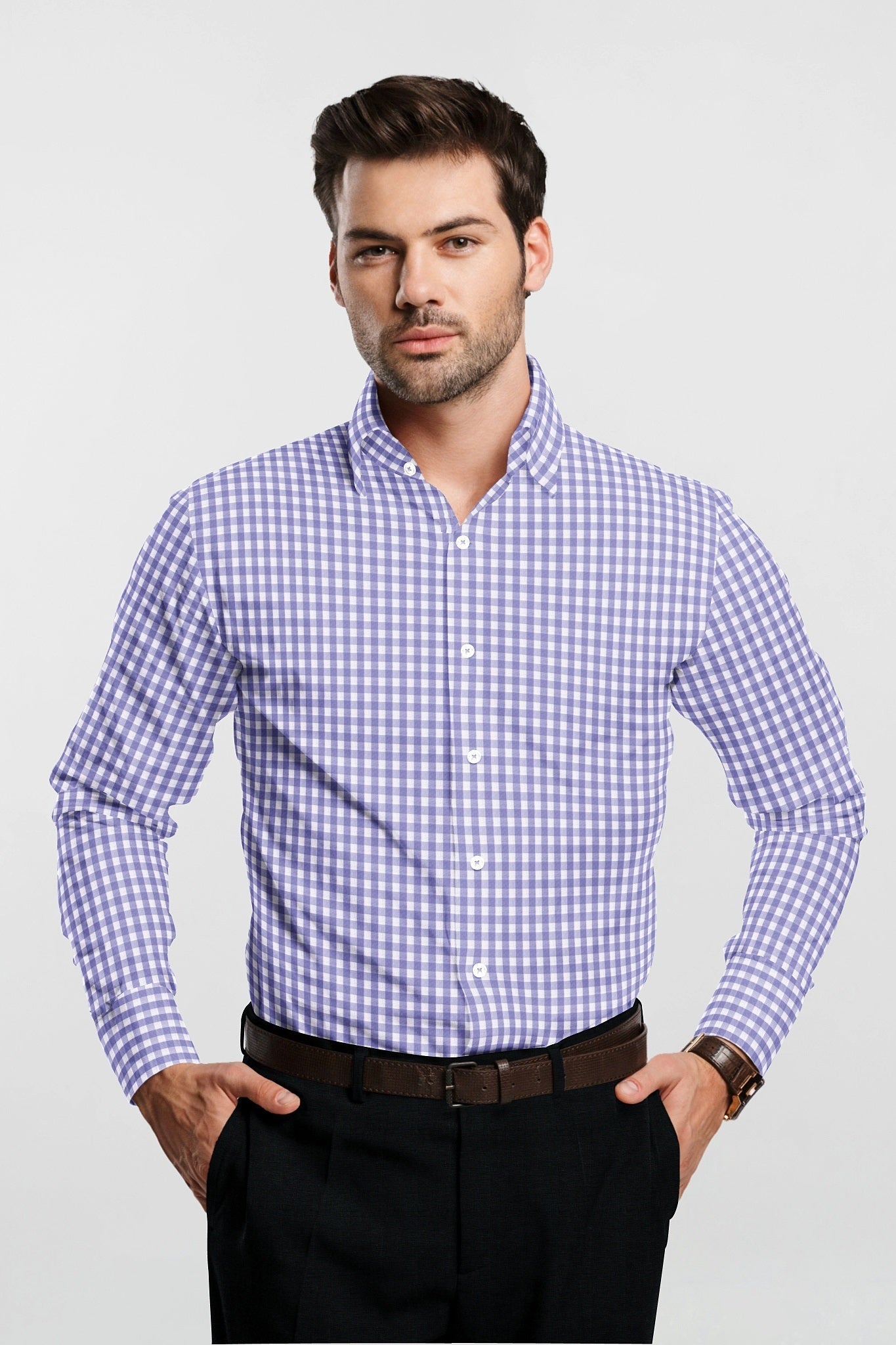 White with Lavender Purple Gingham Checks Cotton Shirt