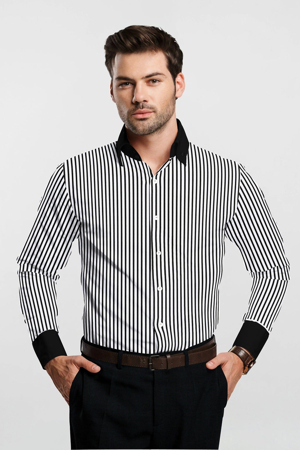 Jet Black and White Candy Stipes Designer Hamercop Cotton Shirt