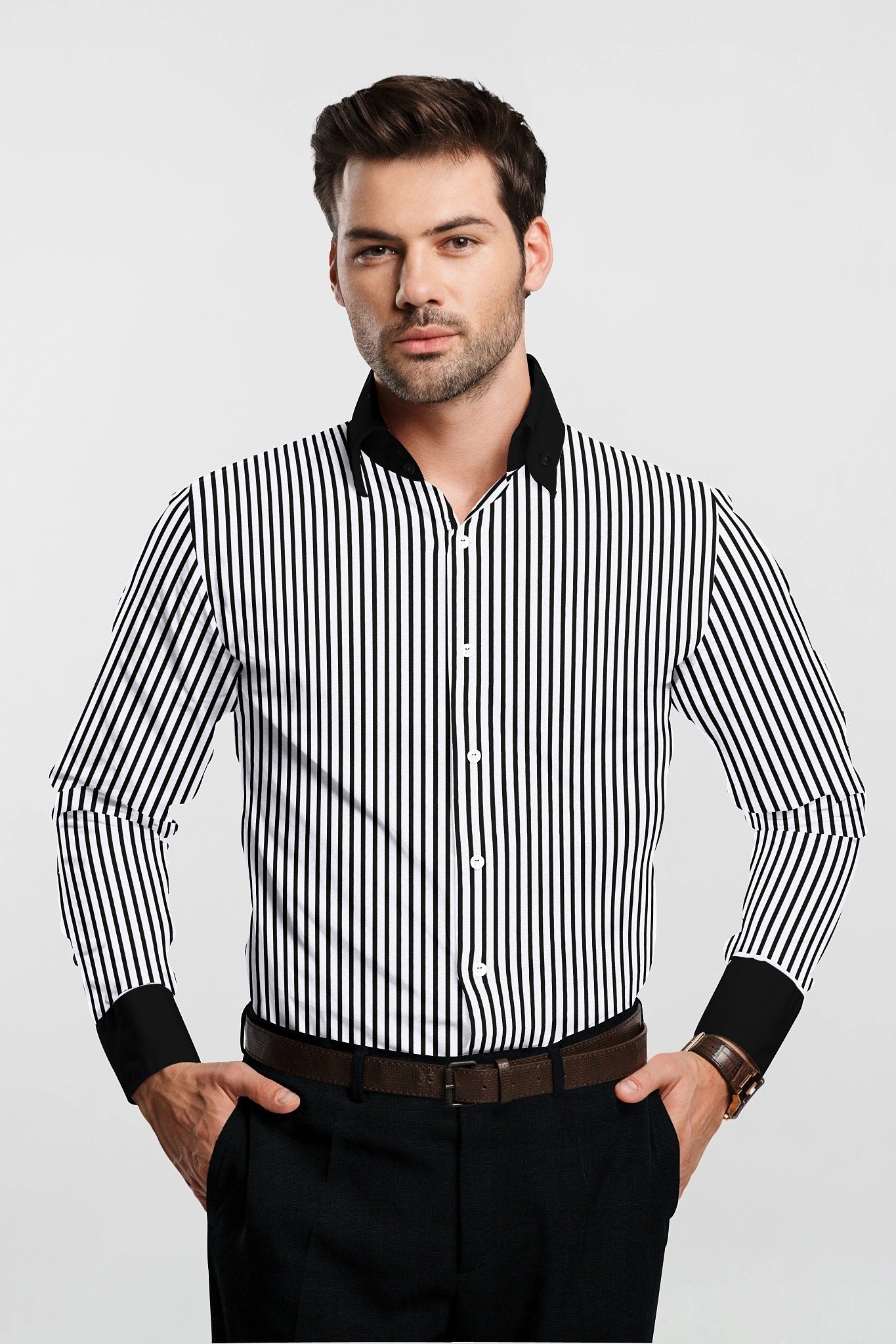 Jet Black and White Candy Stipes Designer Hamercop Cotton Shirt