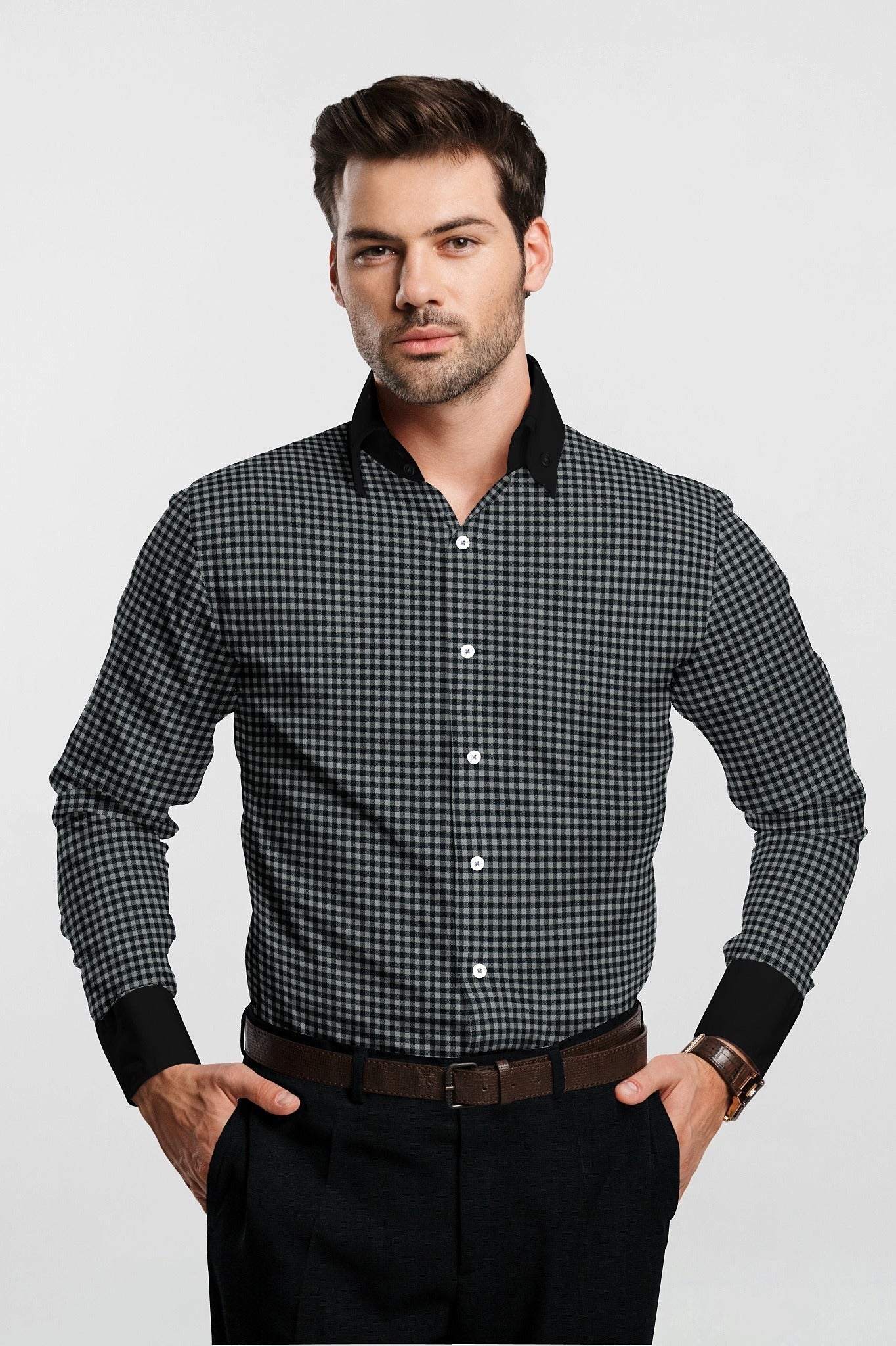 Rhino Gray and Black Gingham Checks Designer Cotton Shirt Plus size Designer cotton Shirts in India