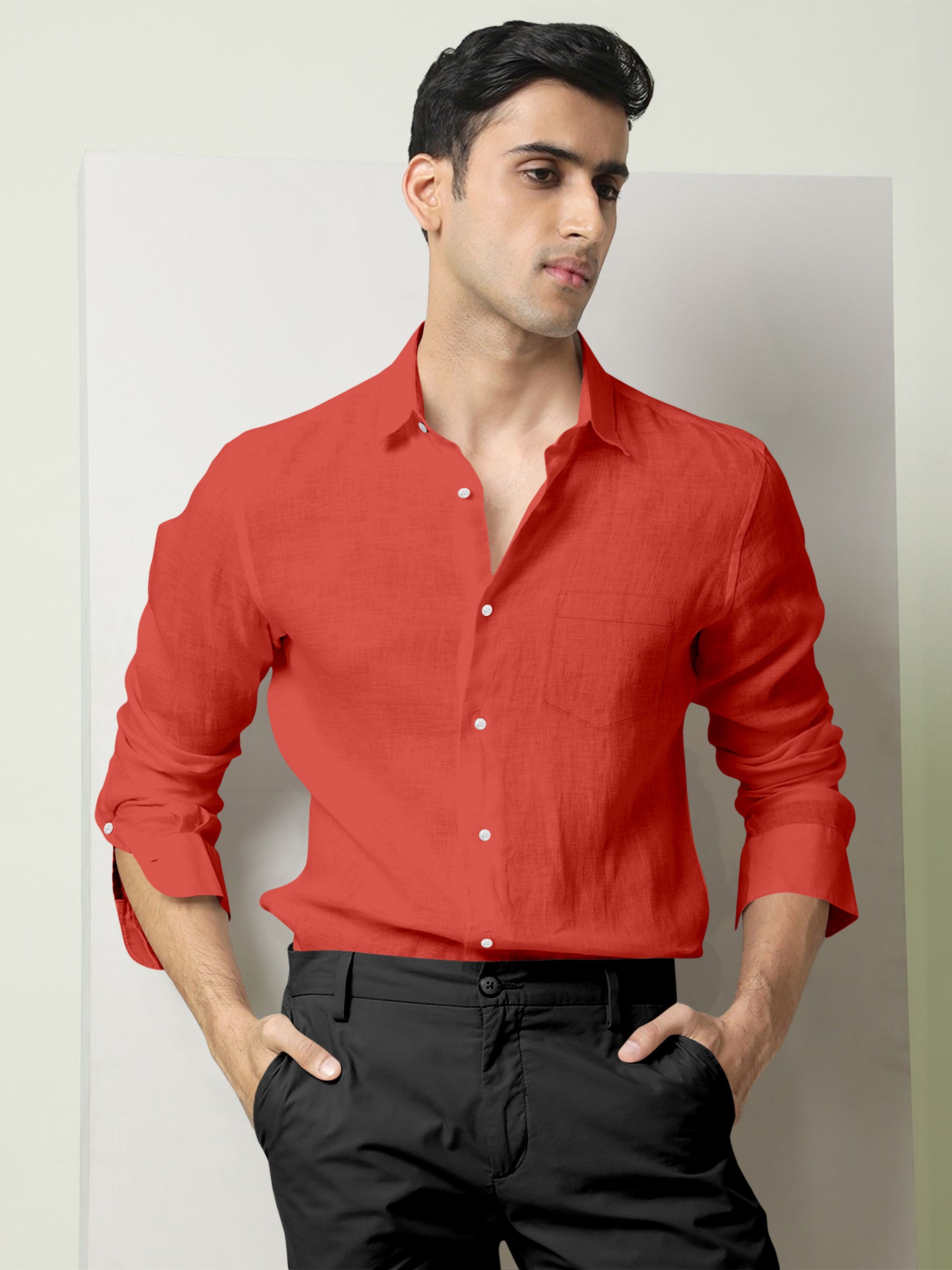 Celosia Orange Cotton Linen Shirt - Linen Plus Size Shirts for Men in Bengaluru