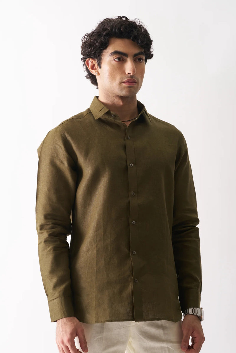 OLIVE GREEN - FULL SLEEVE 100% PURE LINEN SHIRT