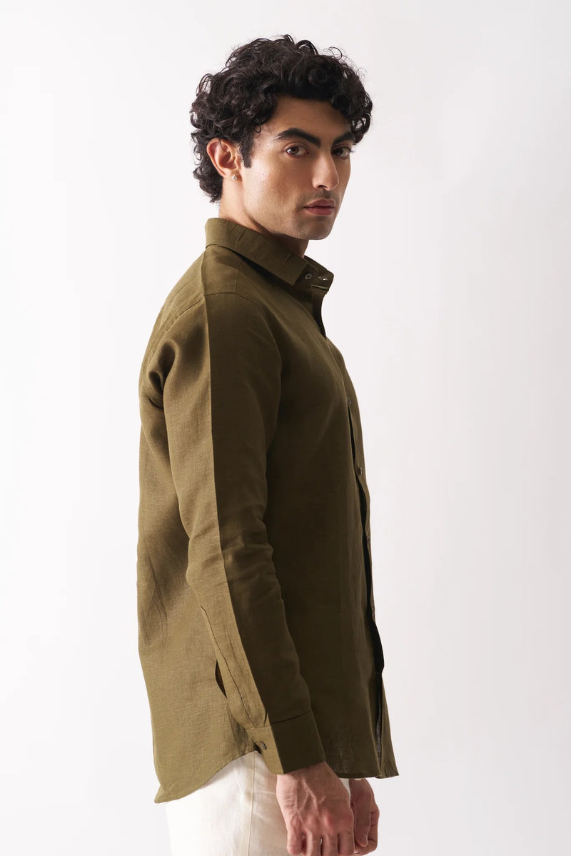 OLIVE GREEN - FULL SLEEVE 100% PURE LINEN SHIRT