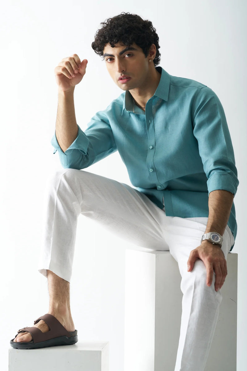 DEEP TEAL - FULL SLEEVE 100% PURE LINEN SHIRT