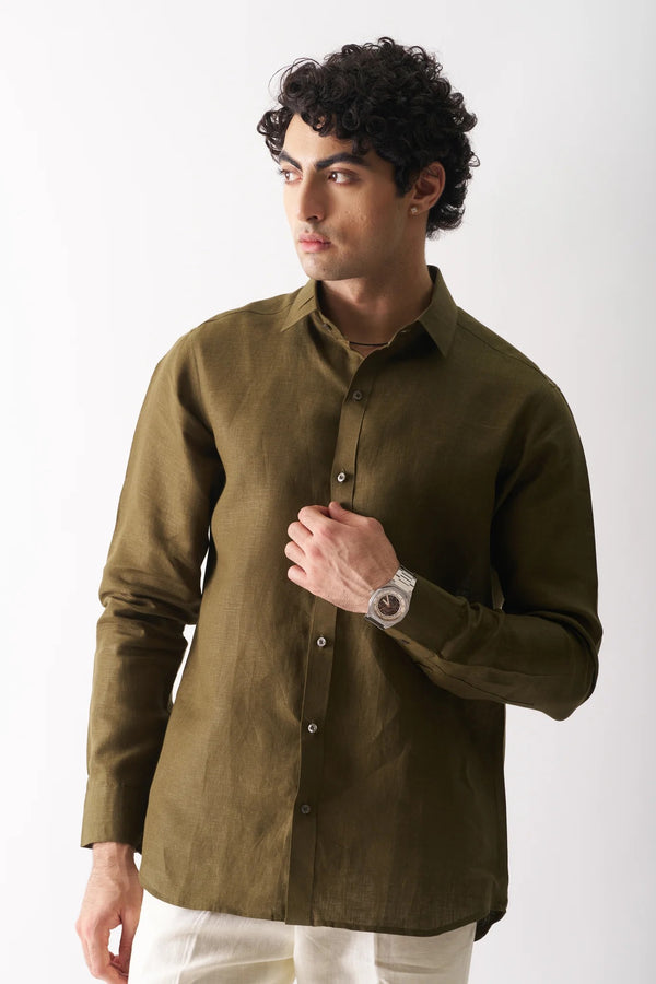 OLIVE GREEN - FULL SLEEVE 100% PURE LINEN SHIRT