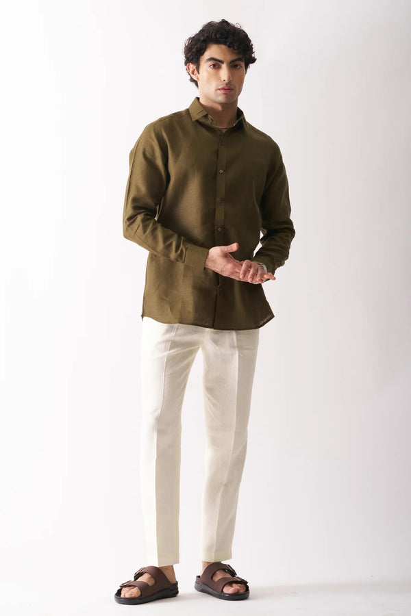 OLIVE GREEN - FULL SLEEVE 100% PURE LINEN SHIRT