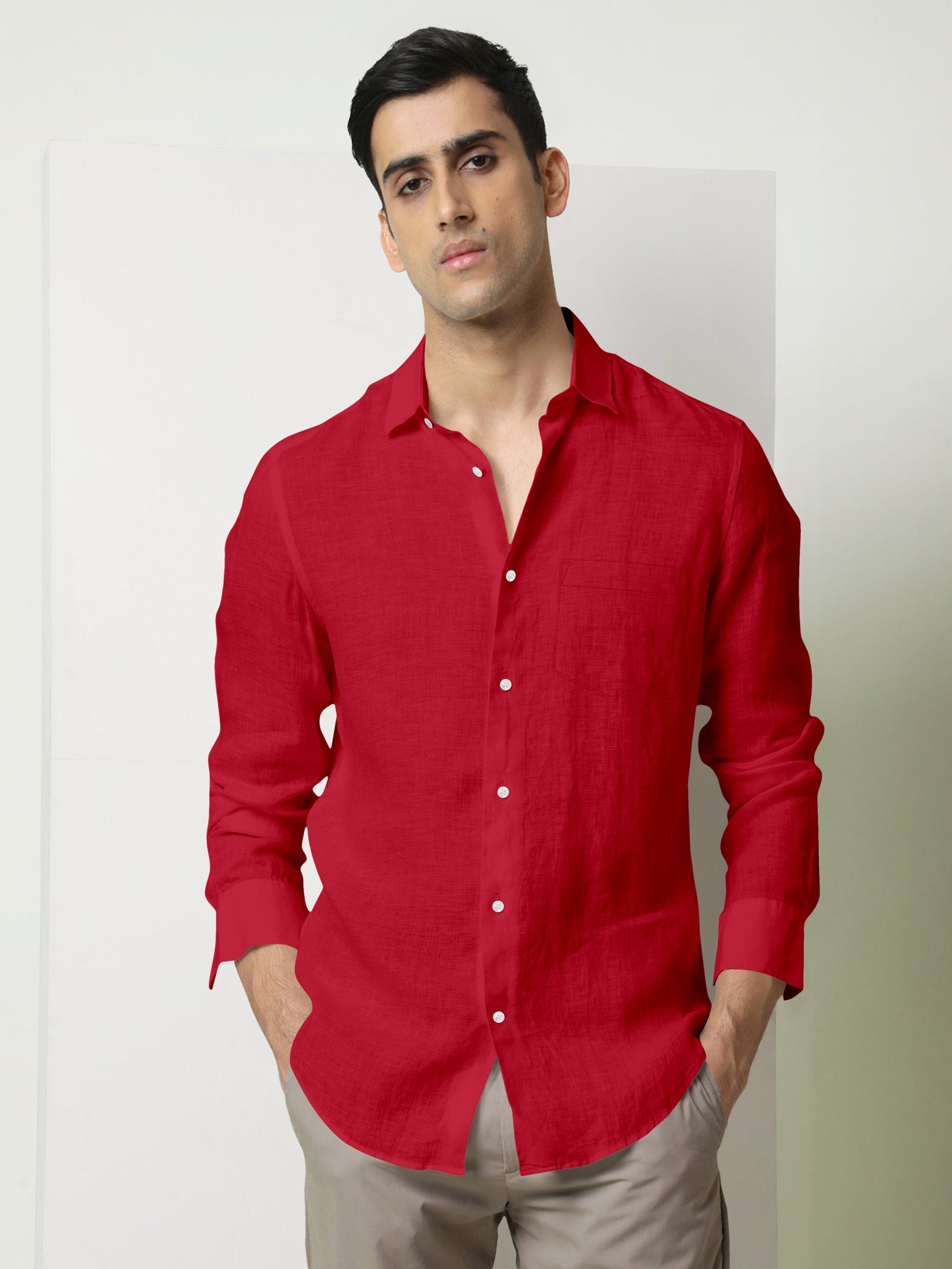 Cadmium Red Luxurious Linen Shirt Best pure linen shirt in India plus size linen shirt in india