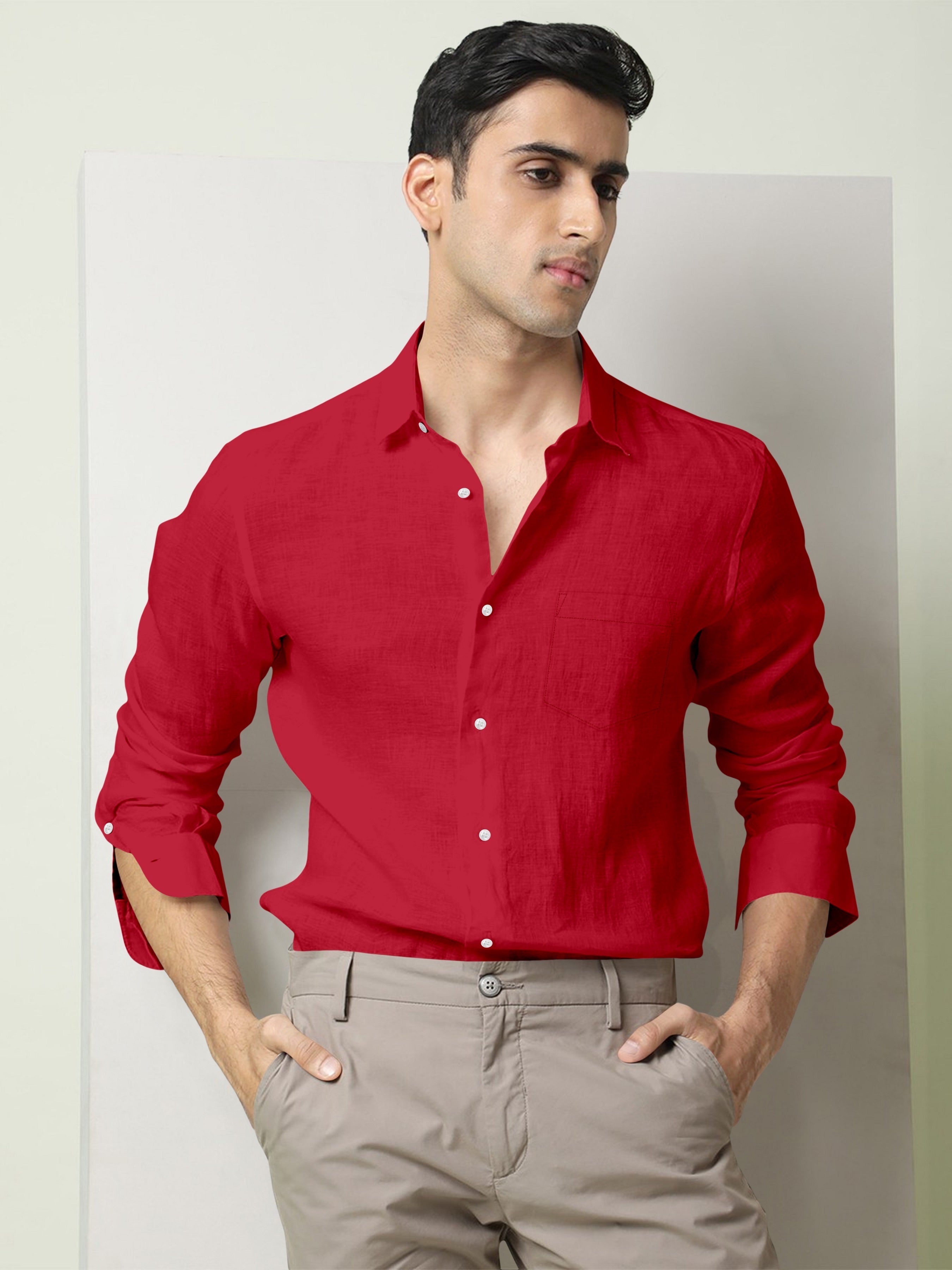Cadmium Red Luxurious Linen Shirt Best pure linen shirt in India plus size linen shirt in india