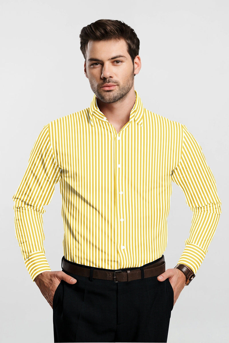 Lemon Yellow and White Candy Stripes Cotton Shirt - Premium Cotton Shirt in India