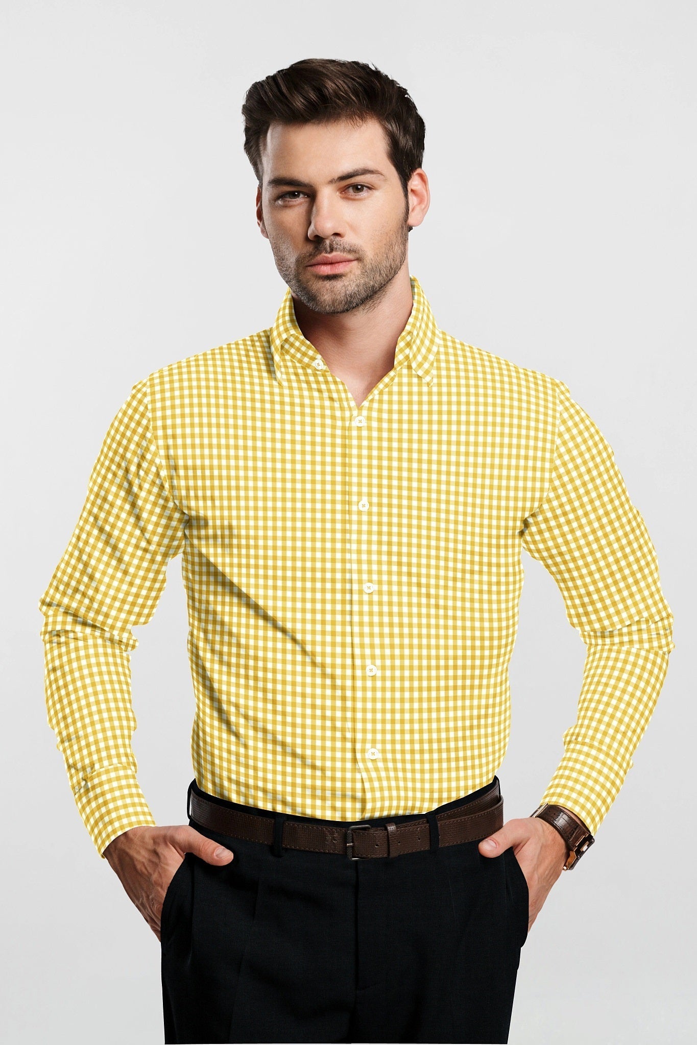 Lemon Yellow and White Gingham Checks Cotton Shirt