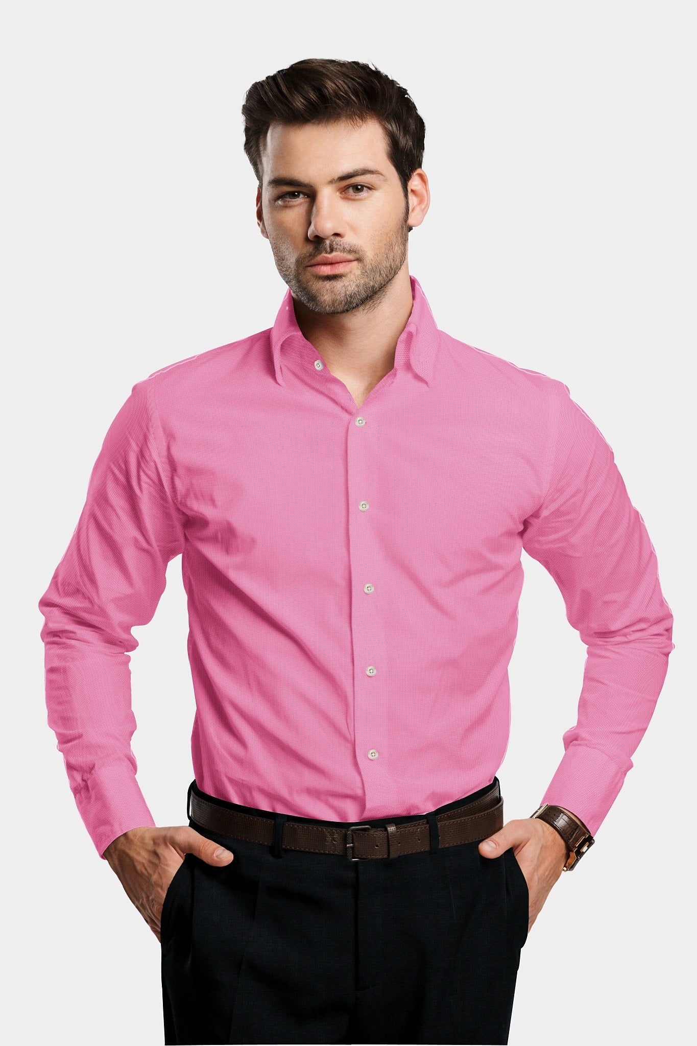French Pink and White Dobby Textured Cotton Shirt