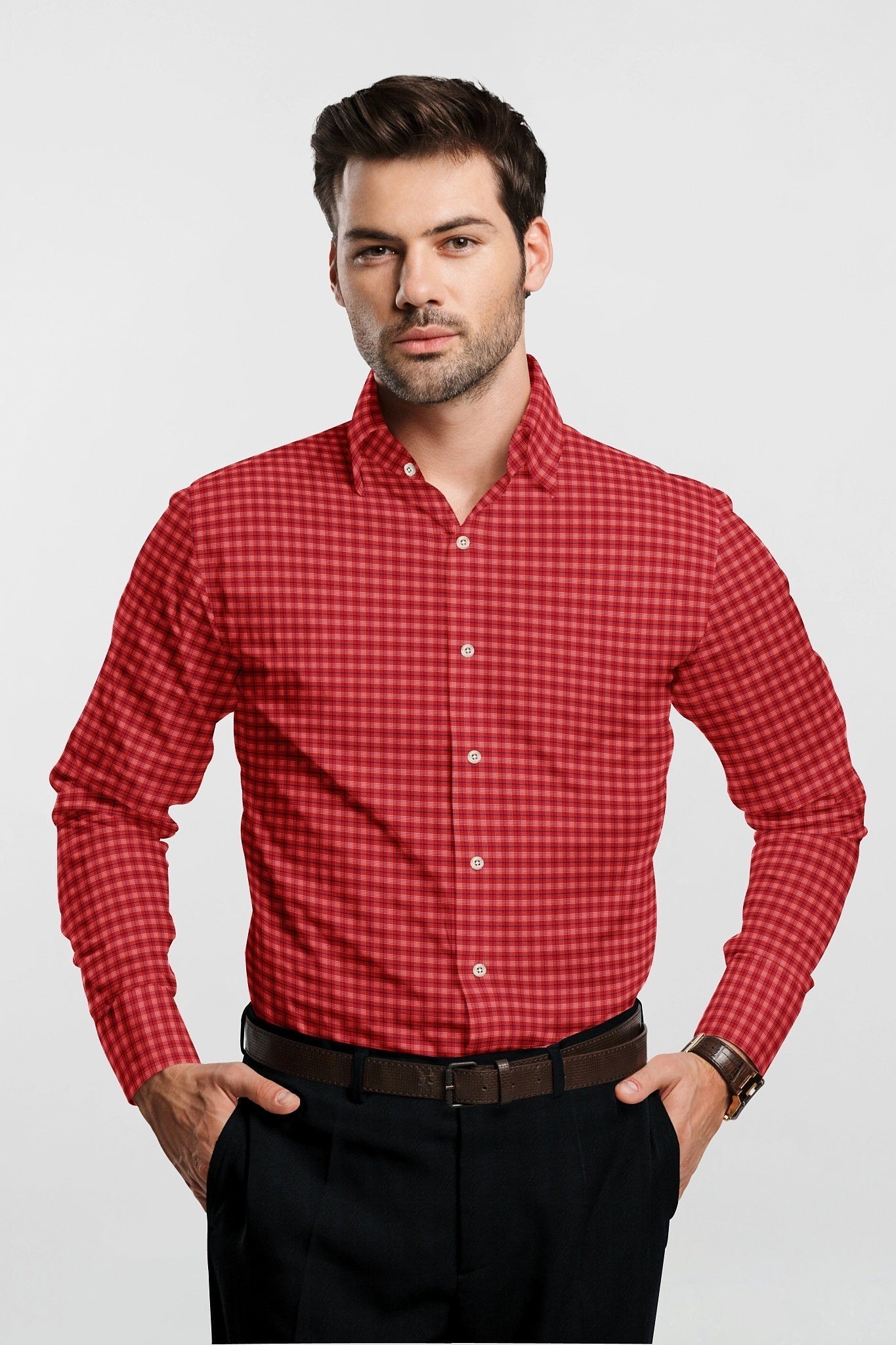 Carmine Red with Admiral Blue and White Checks Cotton Shirt