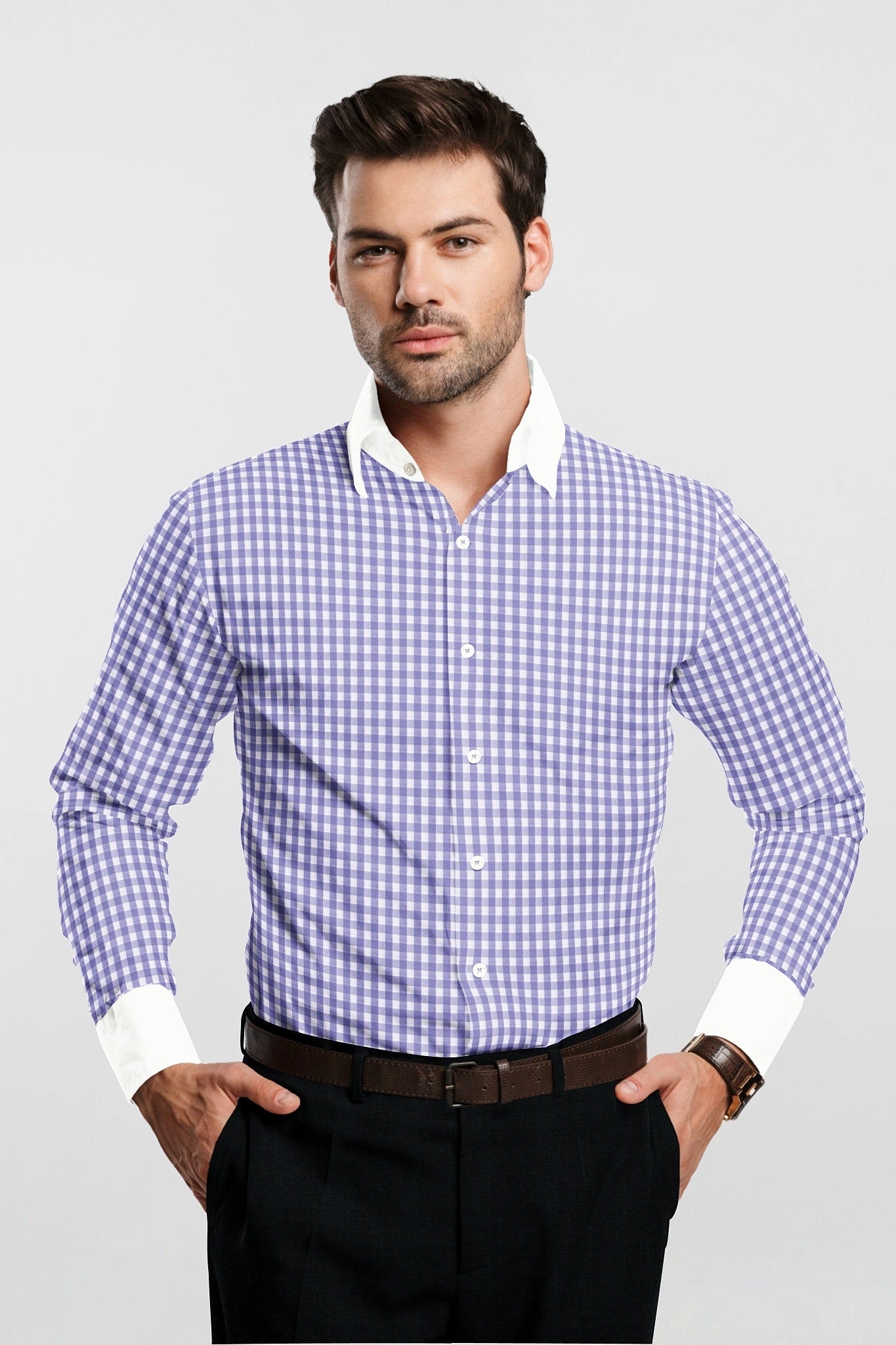 White with Lavender Purple Gingham Checks Designer Cotton Shirt