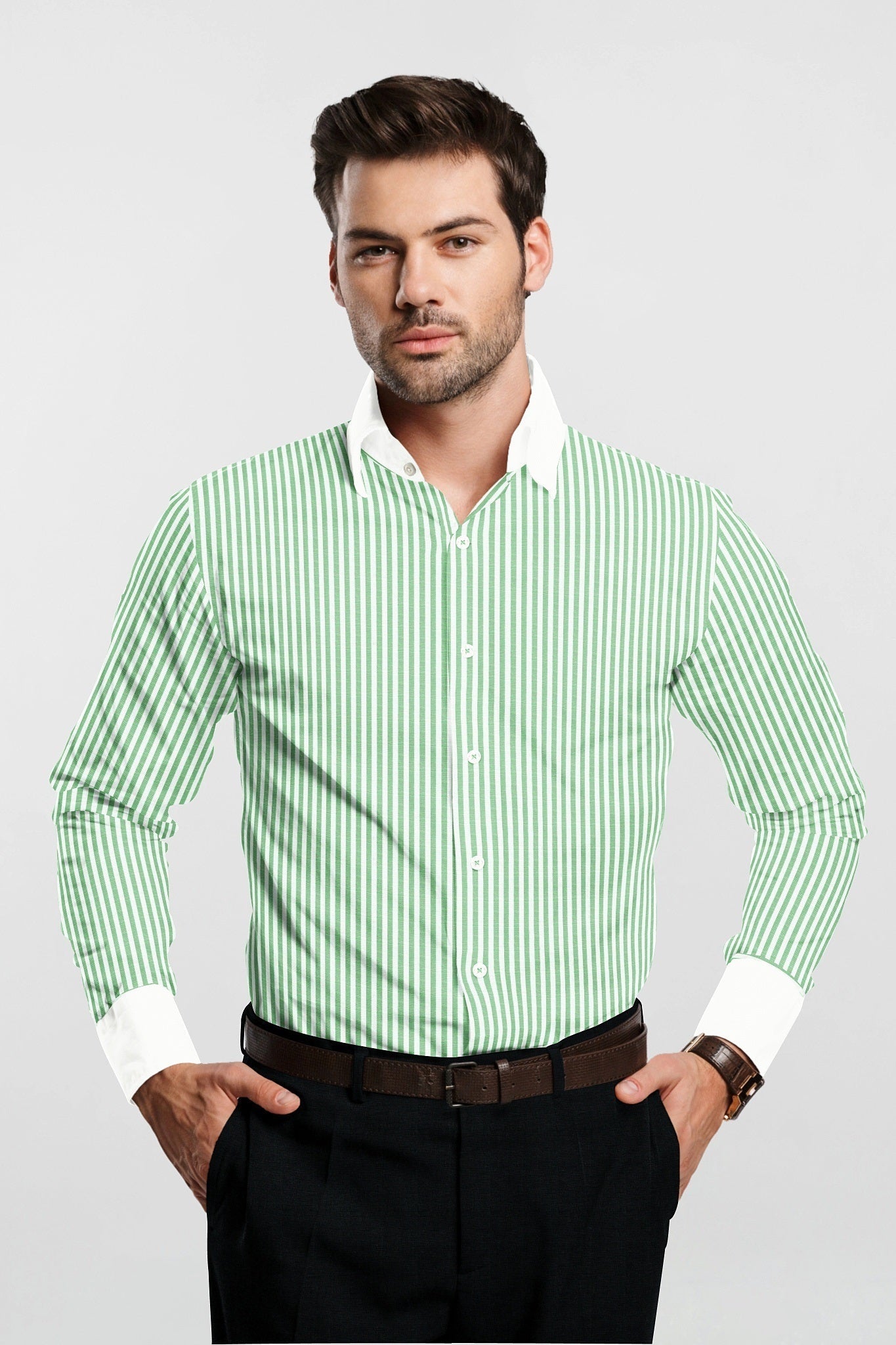 Ambrosia Green and White Candy Stripes Designer Cotton Shirt - Linen Plus Size Shirts for Men in Hyderabad India