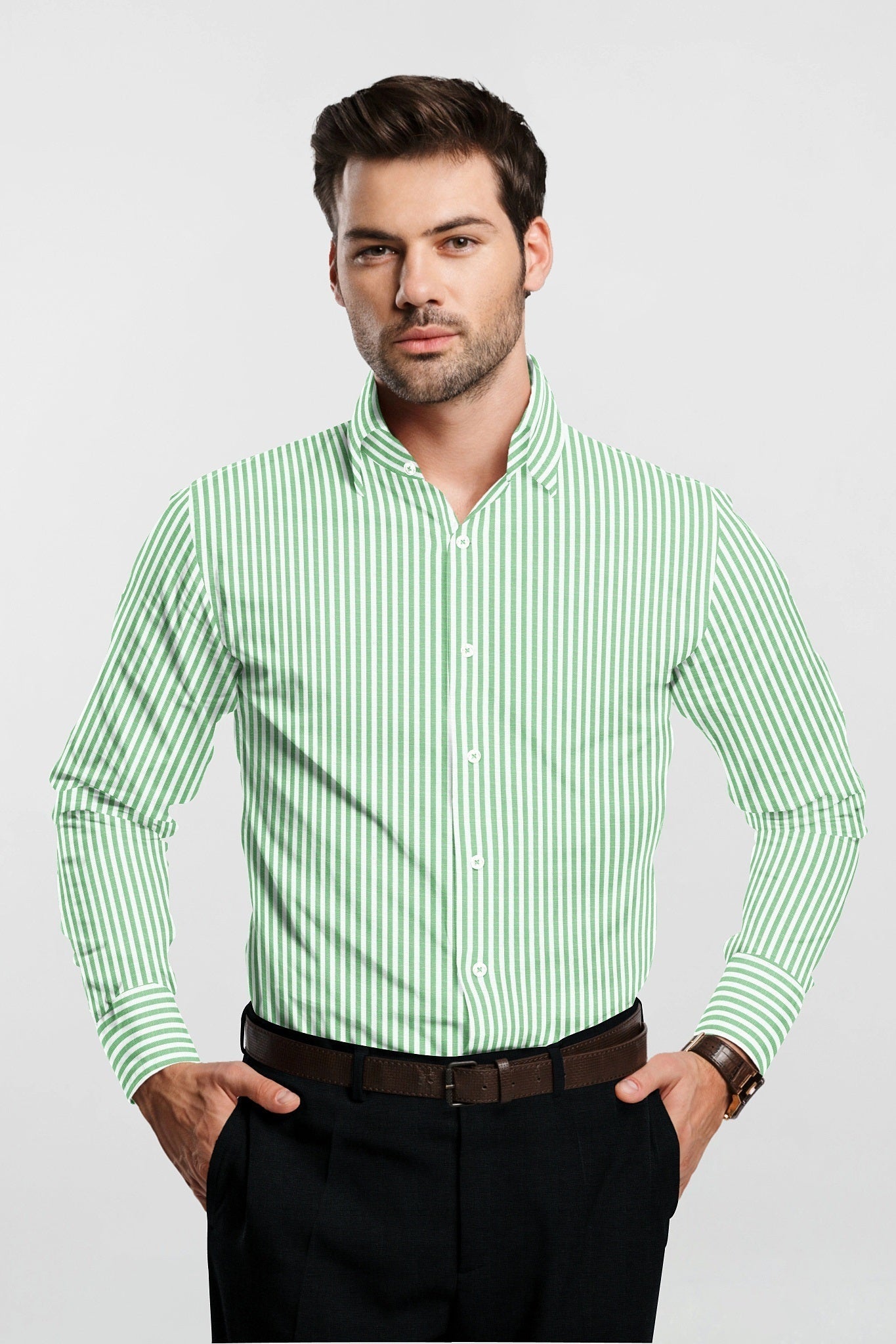 Ambrosia Green and White Candy Stripes Cotton Shirt - Plus Size Shirts for Men Online Shipping in Hyderabad India