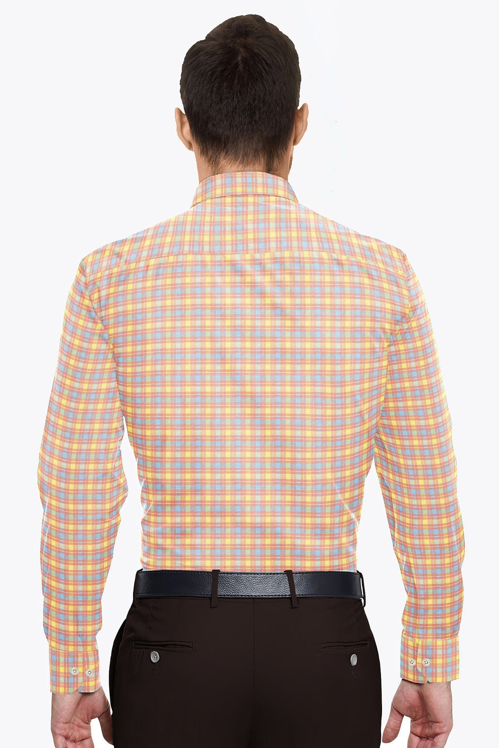 Nectar Peach with Marigold Yellow and Ethereal Blue Checks Cotton Shirt