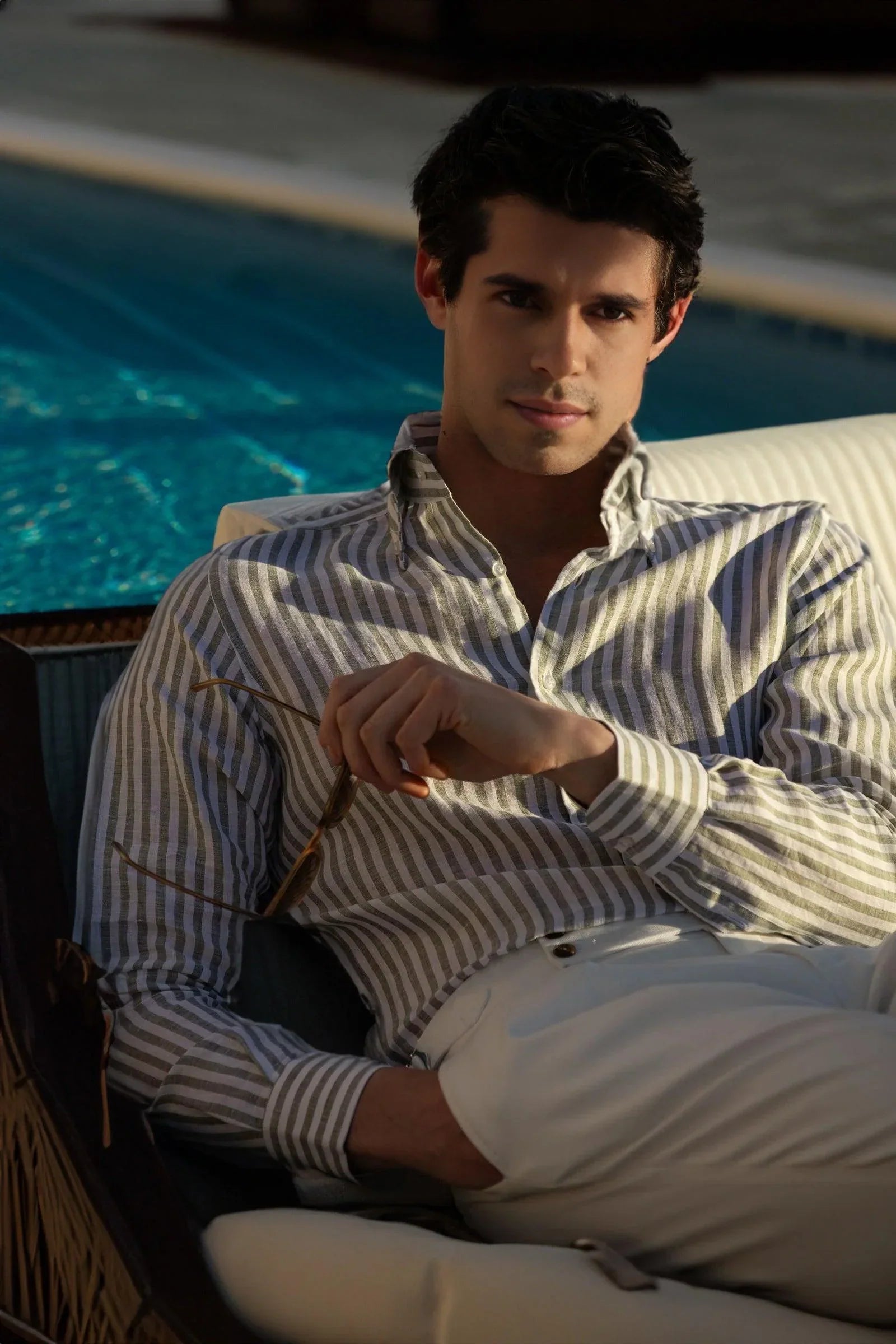 The Monaco Linen Striped Shirt in Amalfi Blue